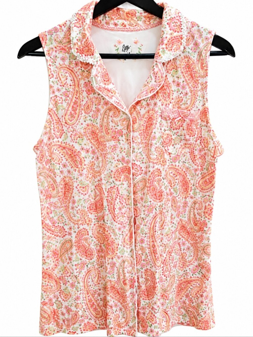 Aria Pink Orange Paisley Floral Sleeveless Cotton Top Sz Med